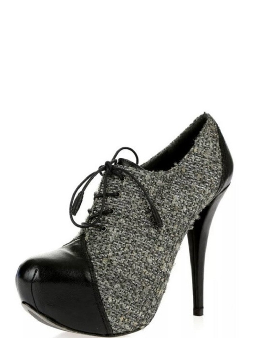 Stuart Weitzman Black and Gray Tweed Lace-Up Stiletto Pumps